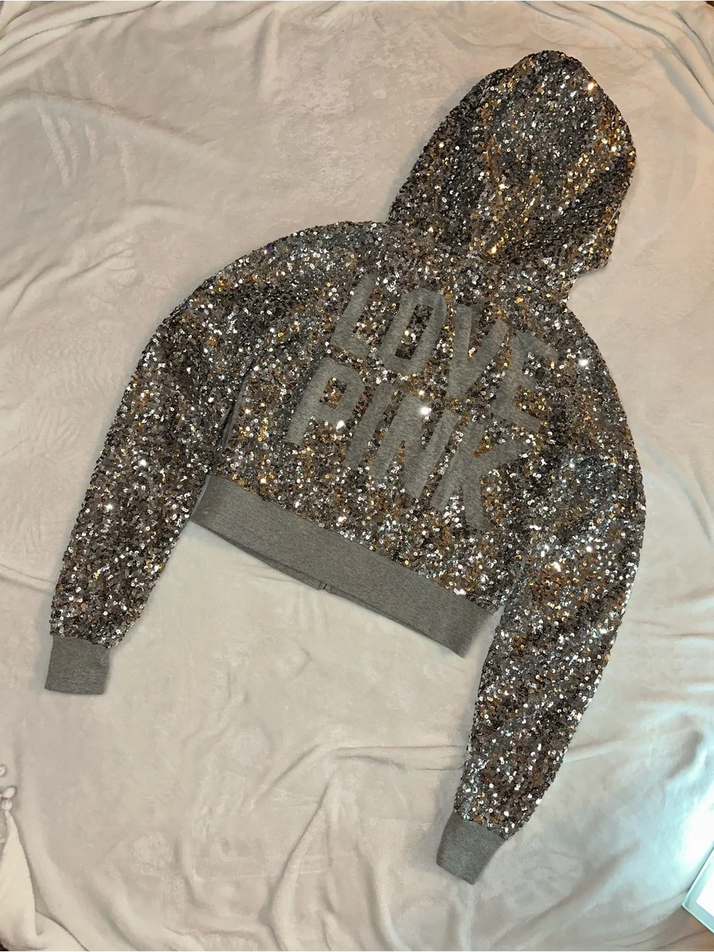 PINK Victoria's Secret Silver Sequin 'LOVE PINK' Hoodie - Picture 8 of 10